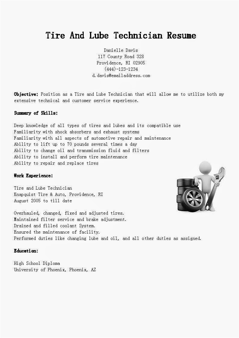 tire and lube technician resume sample