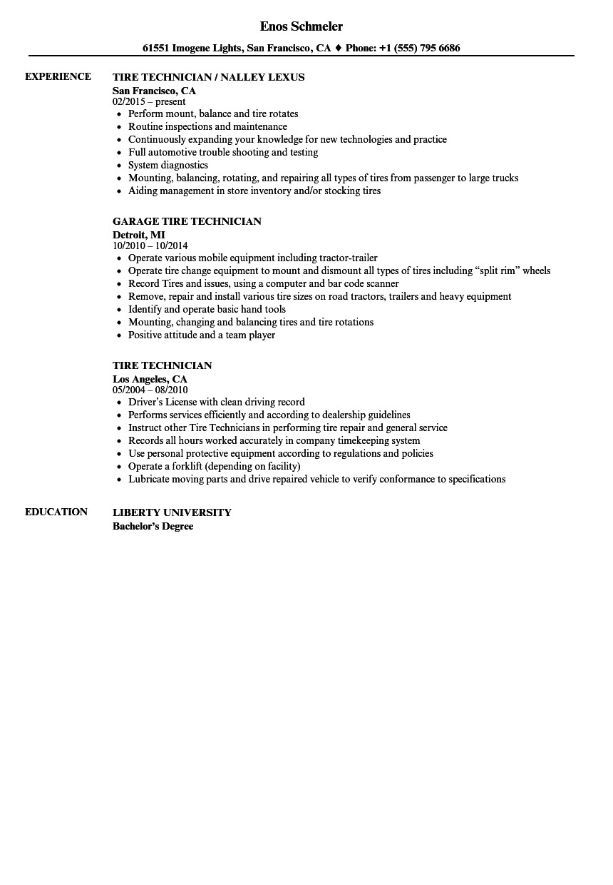 tire technician resume sample