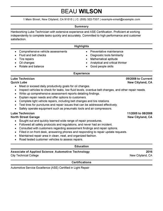 lube technician resume sample