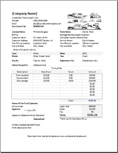 Tow Truck Receipt Template towing Service Receipt Template for Excel Word Excel