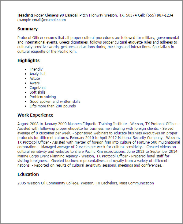 Training Protocol Template Protocol Officer Resume Template Best Design Tips