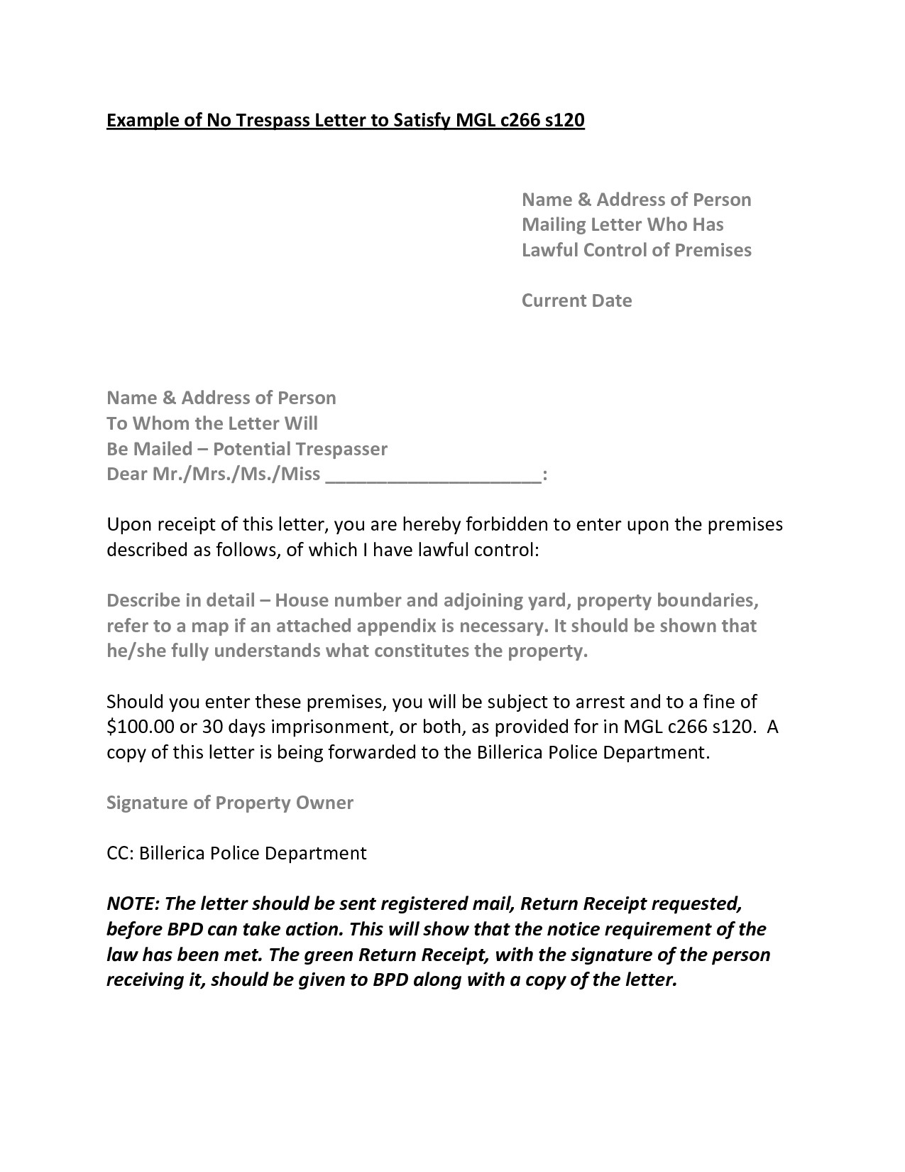 cease and desist trespassing letter template