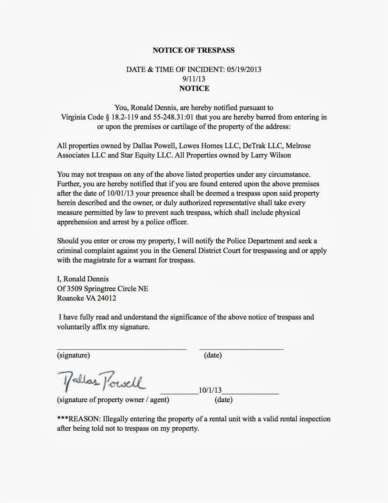 Trespass Notice Template Real Estate Investors Of Virginia Ronald Dennis Notice