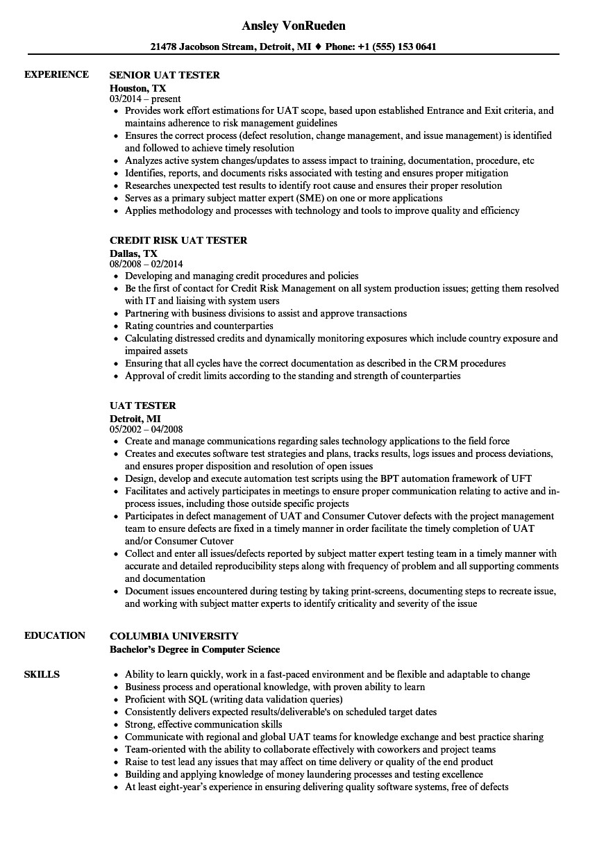 Uat Tester Resume Sample Uat Tester Resume Samples Velvet Jobs