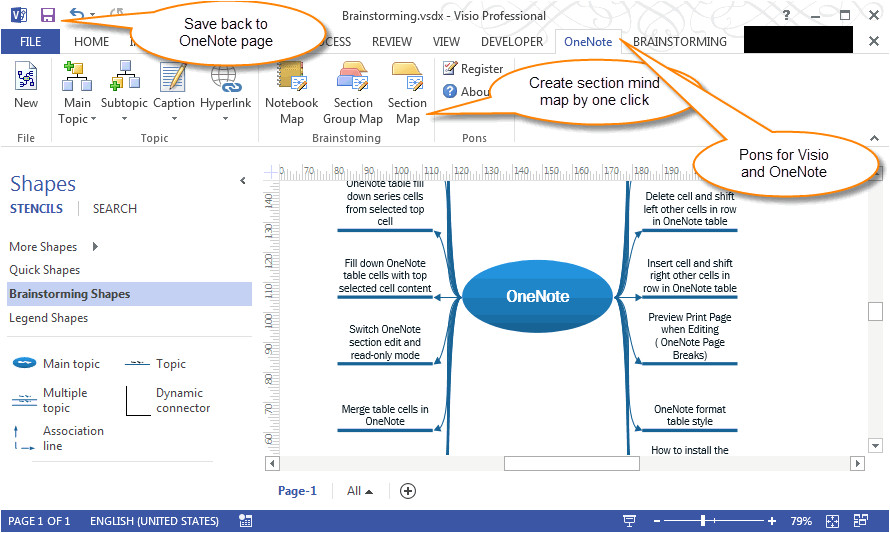 create new visio brainstorming mindmap drawing in onenote