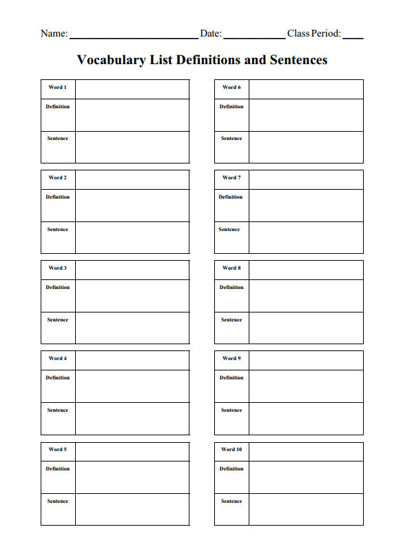 blank vocabulary worksheet template