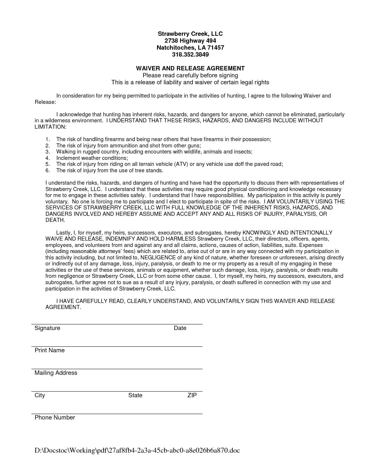 waiver of liability form template