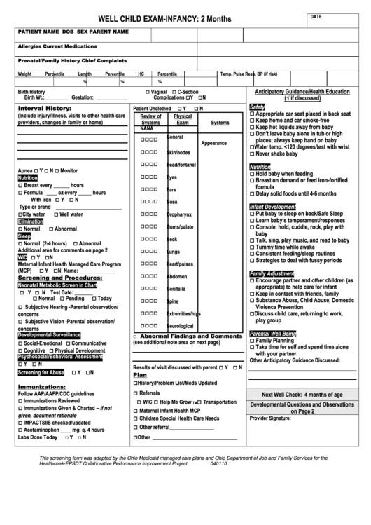 Well Child Visit Template Well Child Exam Infancy 2 Months Printable Pdf Download
