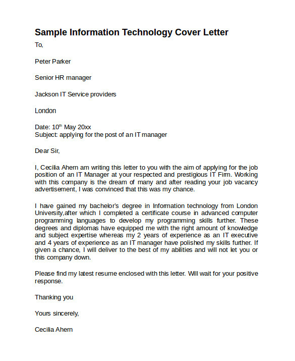 information technology cover letter template