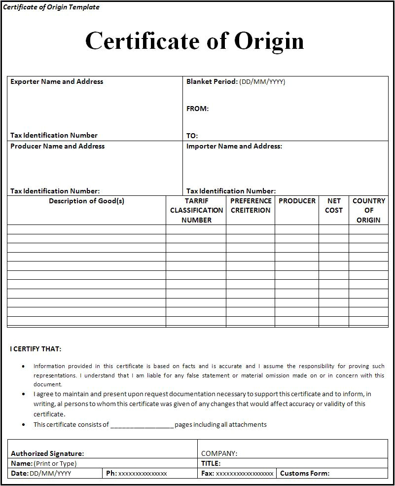 certificate of origin template