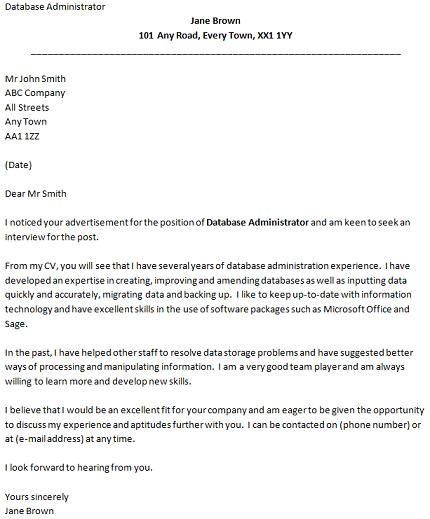 cover letter for a database administrator job