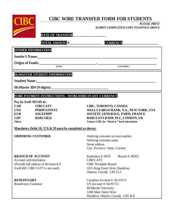 Wire Transfer Receipt Template Sample Wire Transfer form 10 Free Documents In Pdf