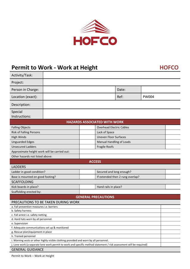 risk assessment for working at height
