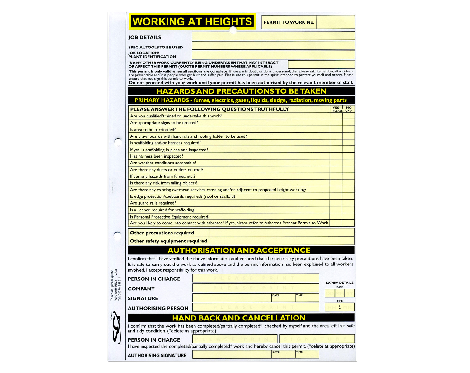 Working at Height Permit to Work Template Working at Heights Permit to Work Available From Sg World