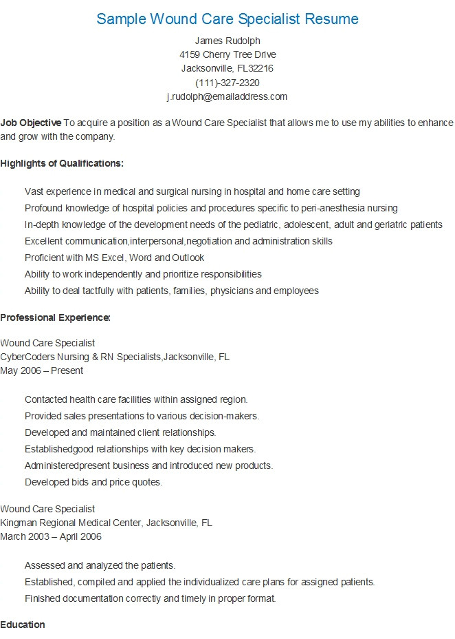 sample wound care specialist resume