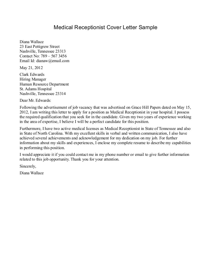 Writing A Cover Letter for A Receptionist Position Medical Receptionist Cover Letter Sample Cover Letters