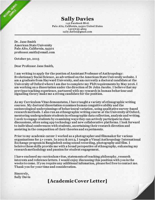 Writing A Cover Letter for An Academic Position Academic Cover Letter Sample Resume Genius