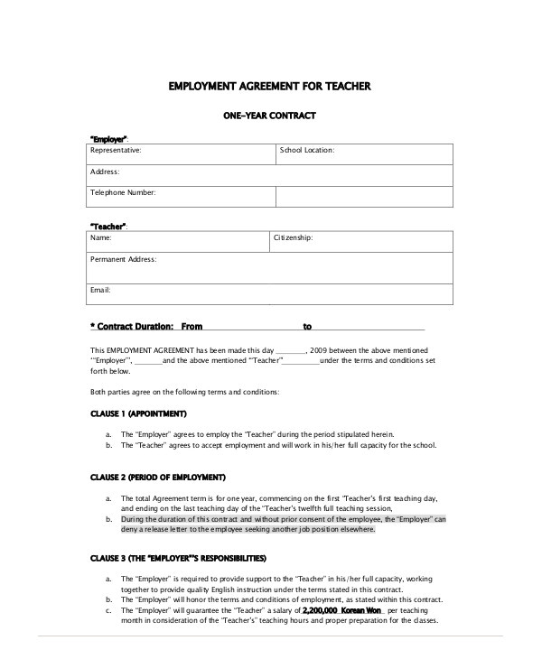 teacher agreement contract