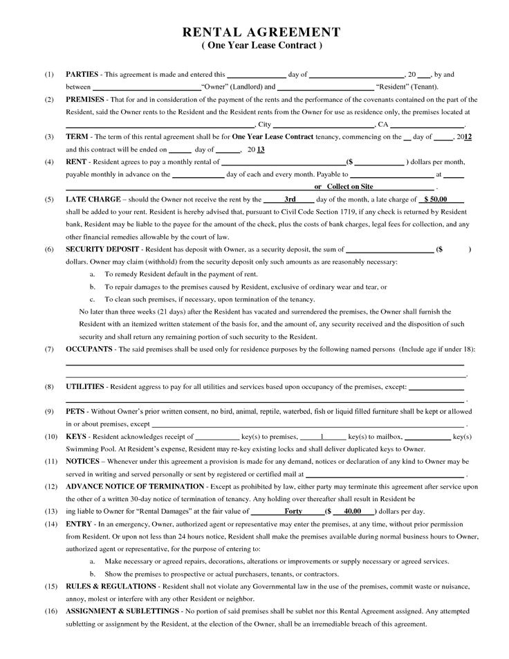 editable blank rental agreement example for one year lease contract with 16 points of terms
