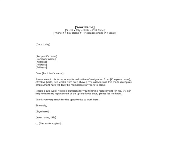 sample 2 week notice resignation letter