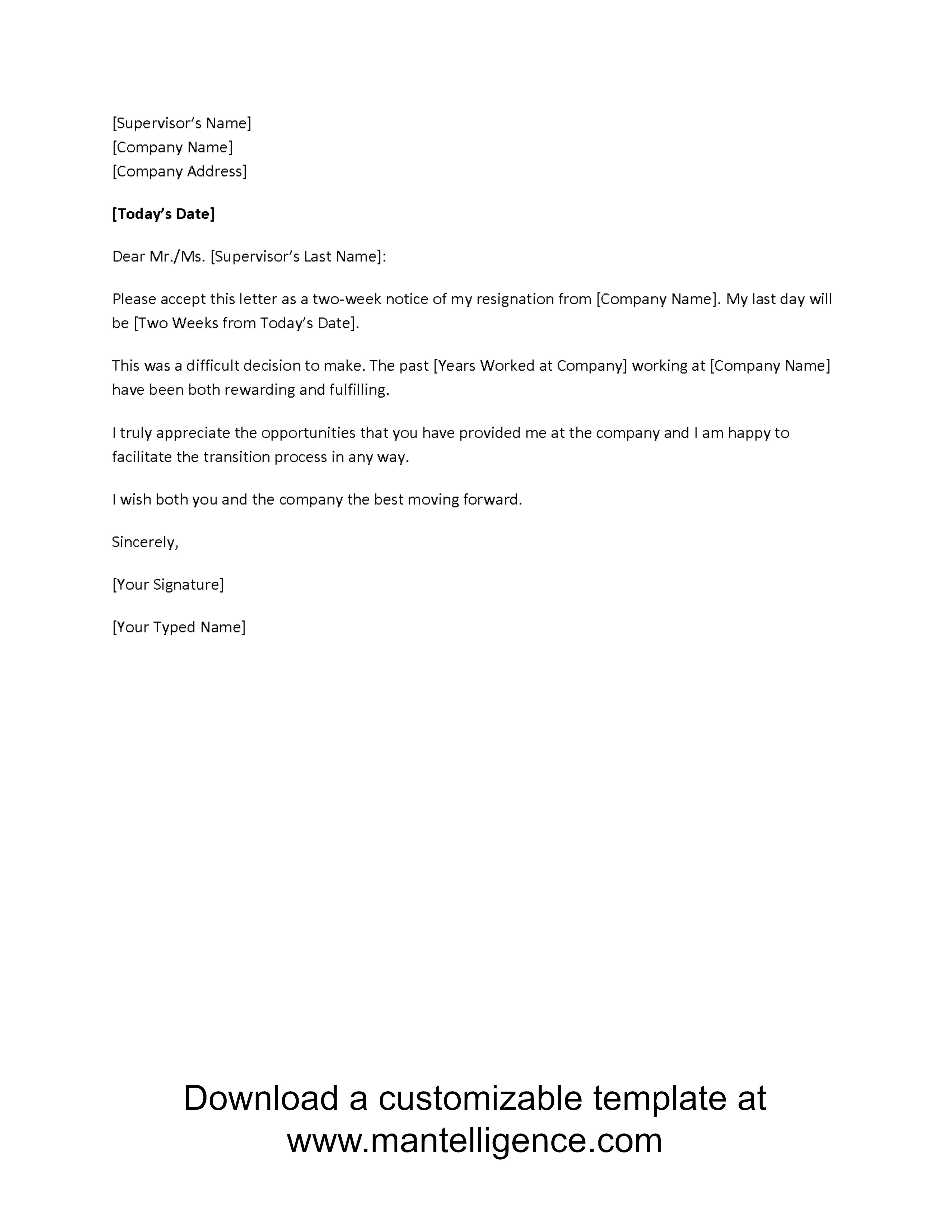 2 weeks notice letter templates