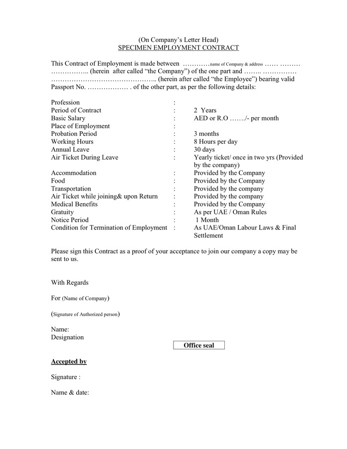 specimen employment contract
