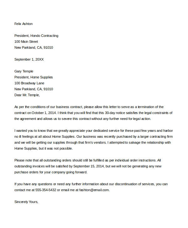 30 Day Notice Contract Termination Letter Template Sample Contract Termination Letter 12 Examples In Word Pdf