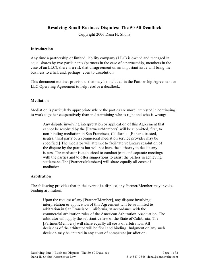 50 50 Partnership Contract Template Resolving Small Business Disputes the 50 50 Deadlock