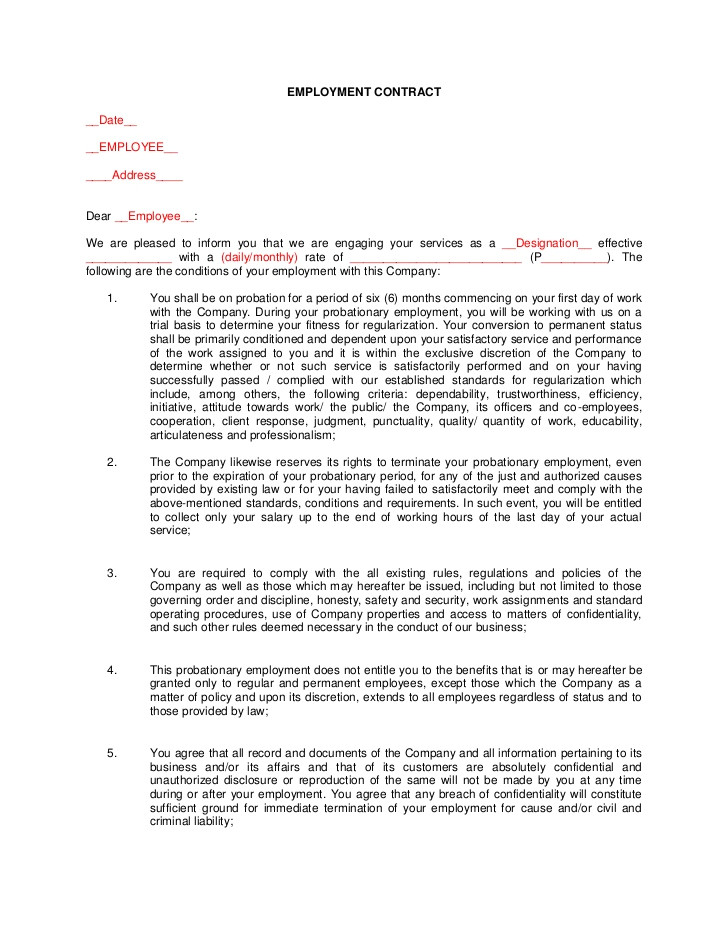 6 Month Employment Contract Template Probationary Employment Contract Sample