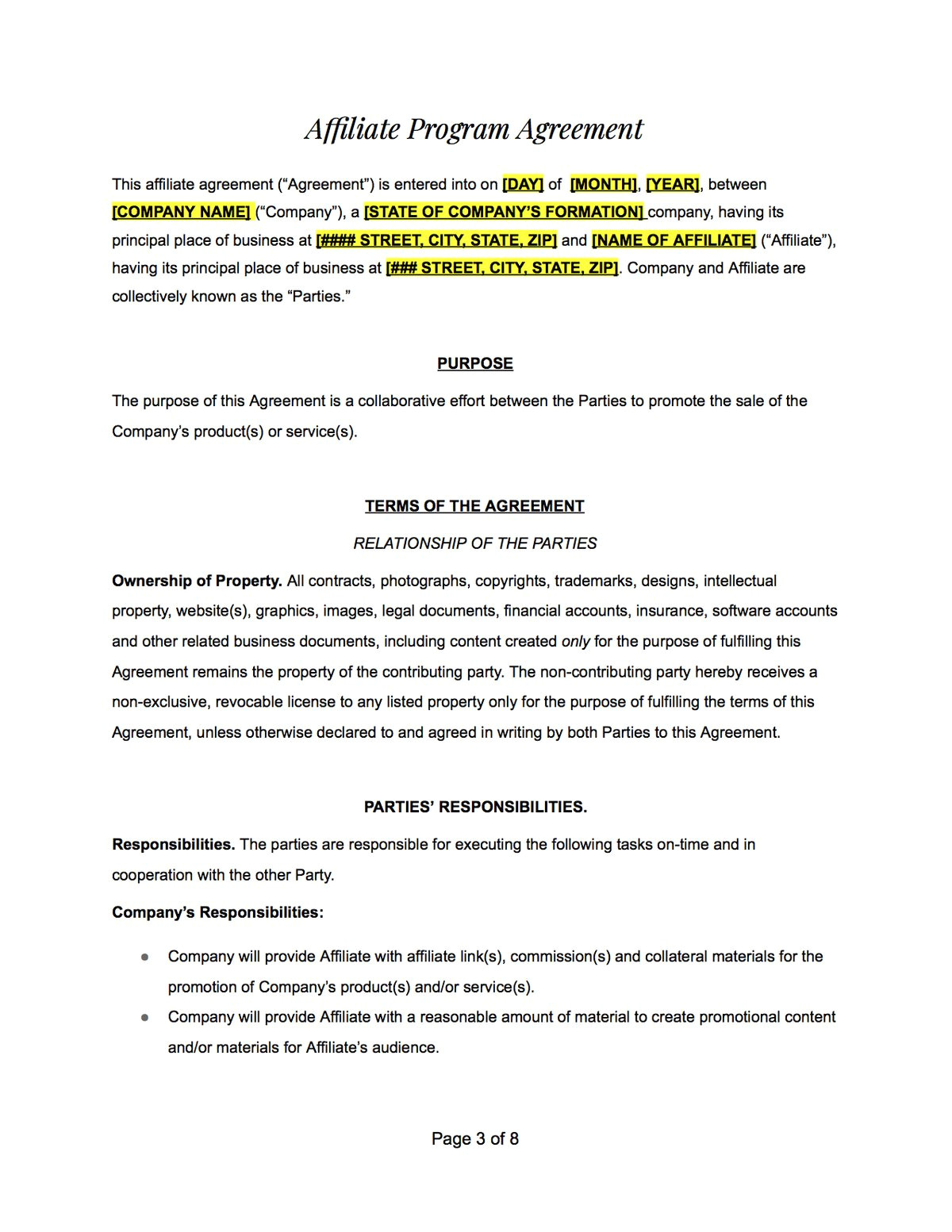 affiliate agreement contract template