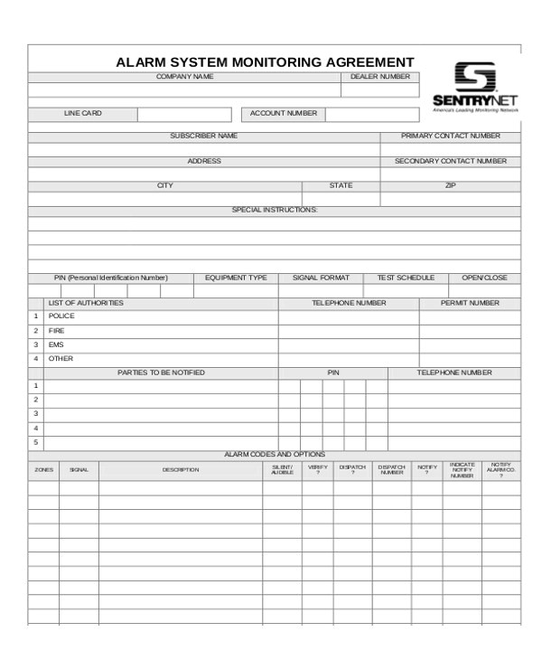 Alarm Monitoring Contract Template 9 Sample Company Contract Agreements Word Pdf