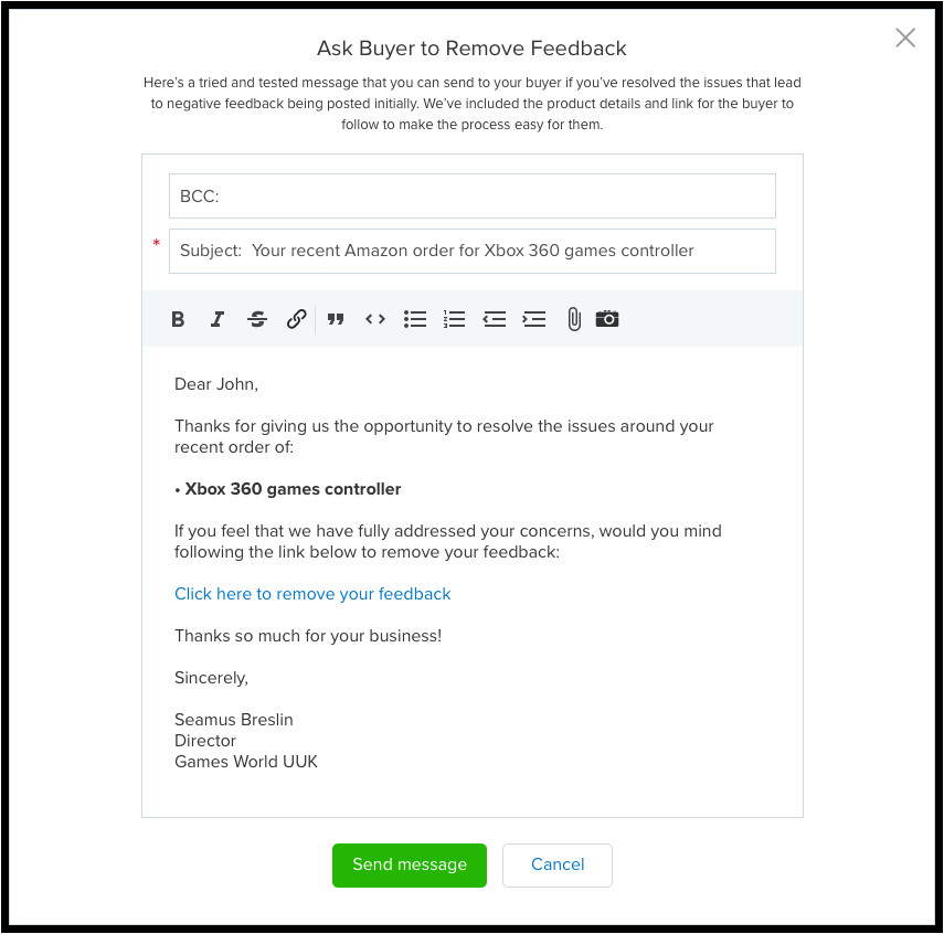 free amazon feedback removal email template