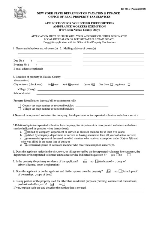 form rp 466 c nassau application for volunteer firefighters ambulance workers exemption for use in nassau county only 2008