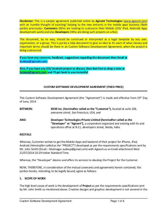 App Development Contract Template Agreement Sample Between iPhone App Developers and