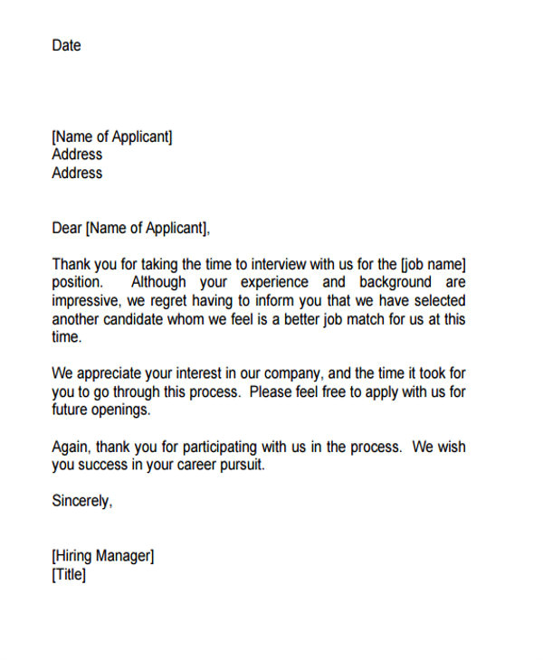 job applicant rejection letters template
