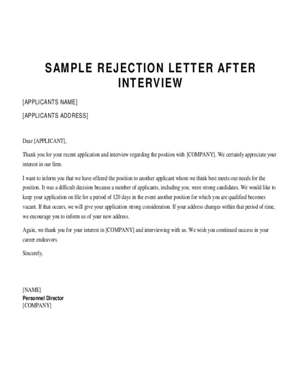 sample applicant rejection letter