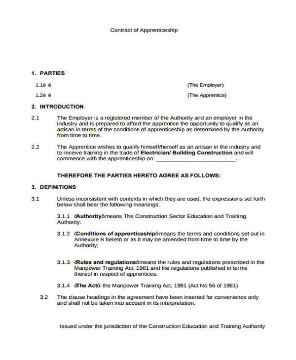 sample apprenticeship agreement form