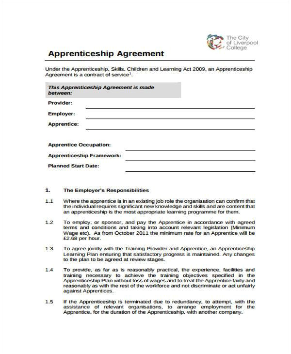 Apprenticeship Contract Template Uk 7 Apprenticeship Agreement form Samples Free Sample