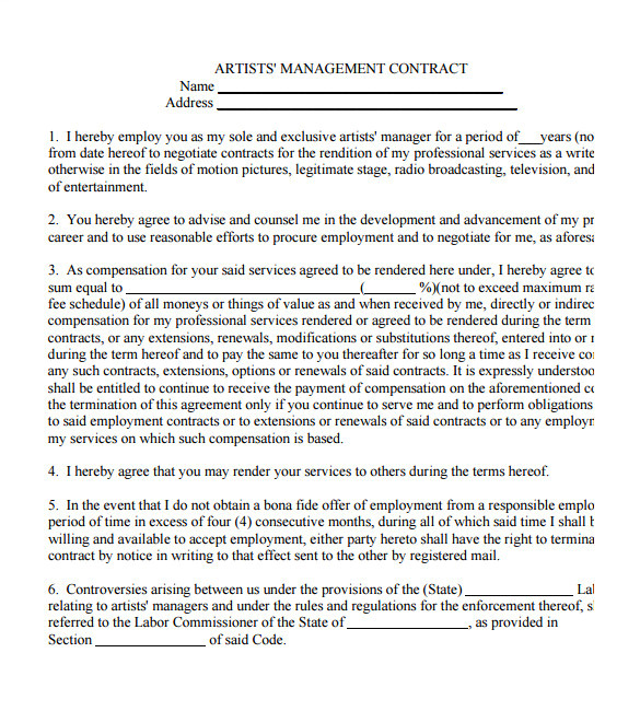 Artist Management Contract Template Free Download 5 Artist Management Contract Templates Free Pdf Word