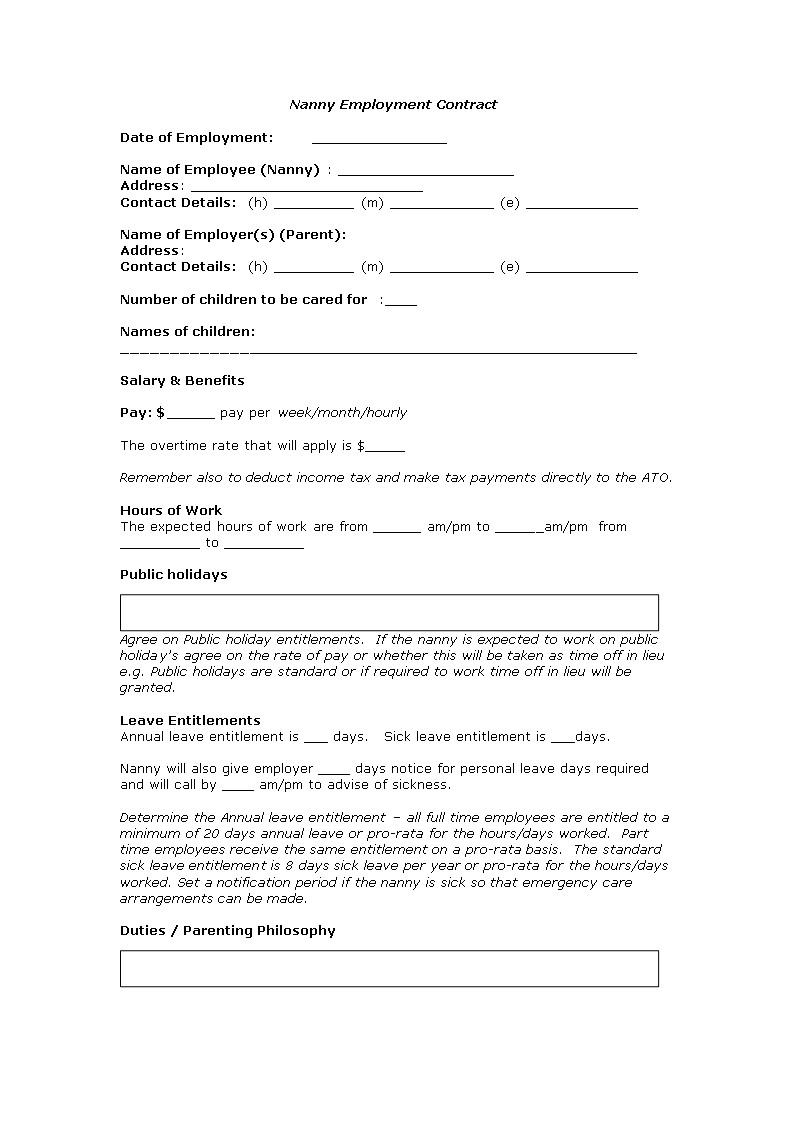nanny employment contract template