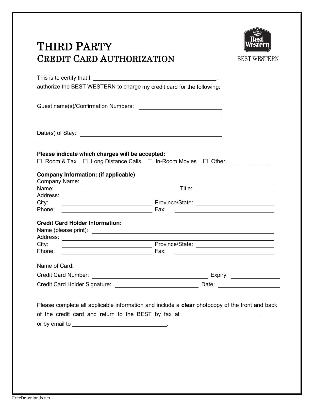 best western credit card authorization form template
