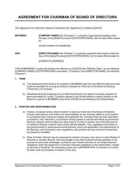 Board Of Directors Contract Template Agreement for Chairman Of Board Of Directors Template