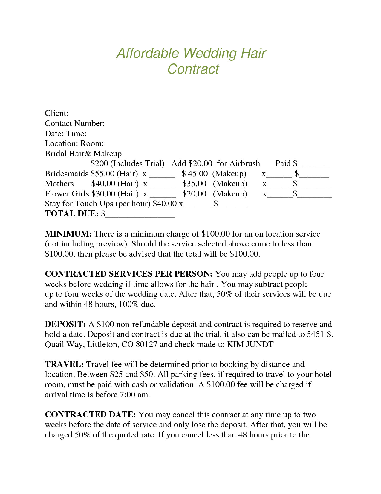 Bridal Contract Template for Hair Bridalhaircotract Affordable Wedding Hair Contract