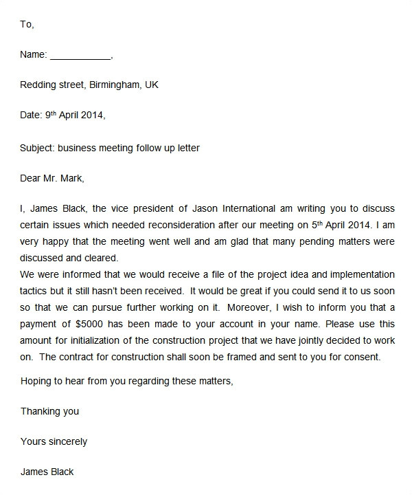 Business Meeting Follow Up Email Template Follow Up Letter 7 Free Doc Download
