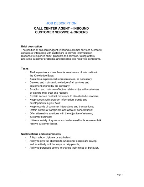 call center agent inbound customer service orders job description d11621