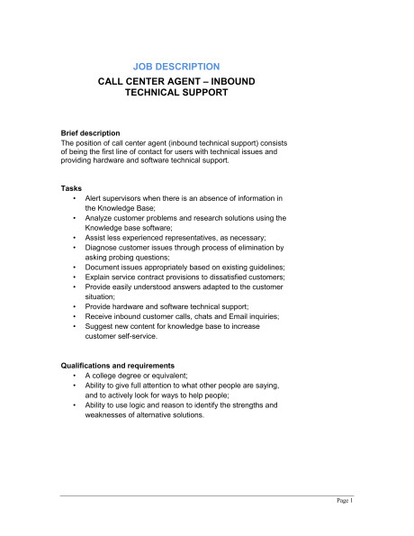 call center agent inbound technical support job description d11622