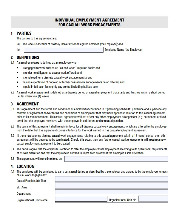 Casual Employee Contract Template Sample Casual Employment Agreement 8 Documents In Pdf Word
