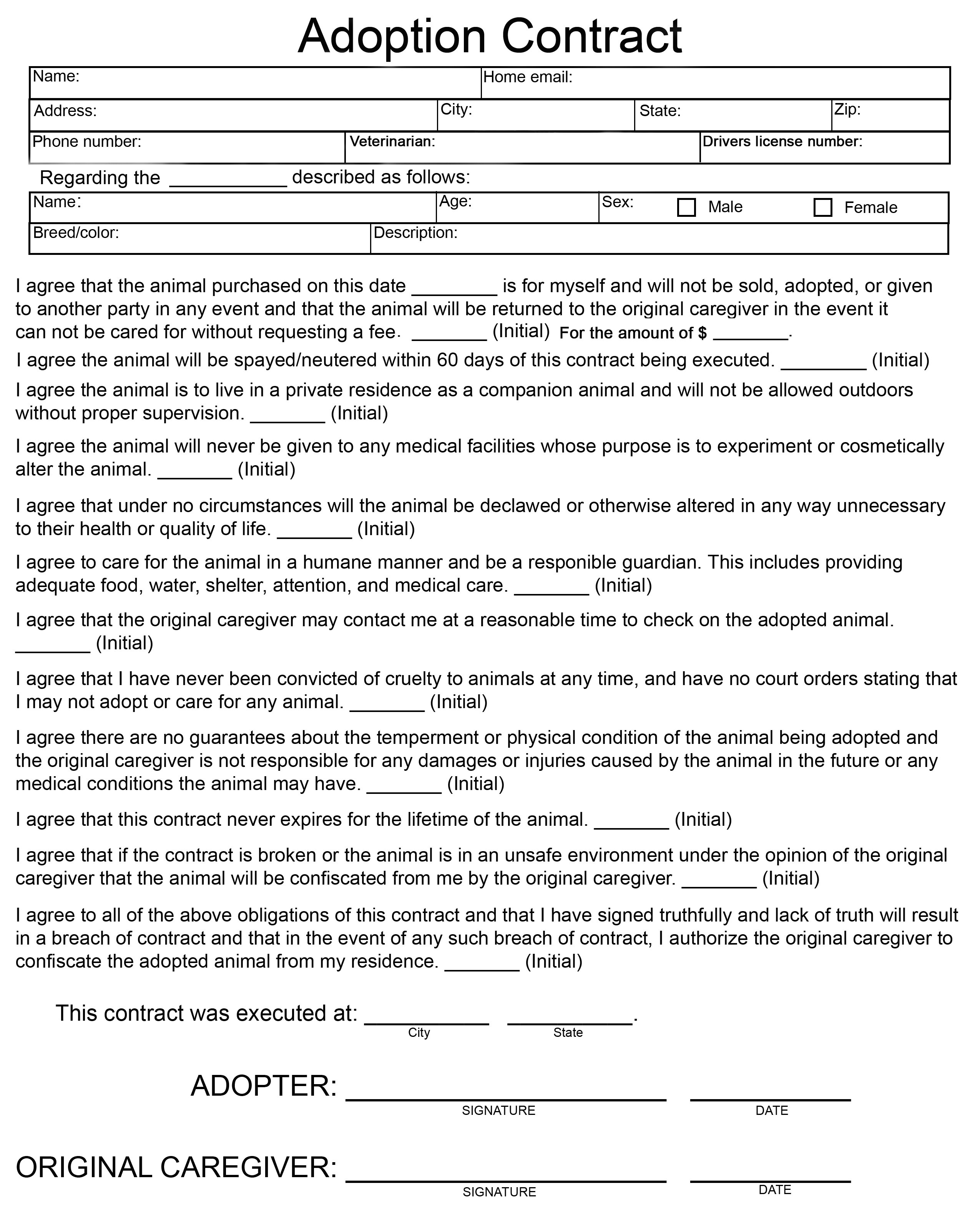 Cat Adoption Contract Template Adoption Contract forgotten Felines Of toledo