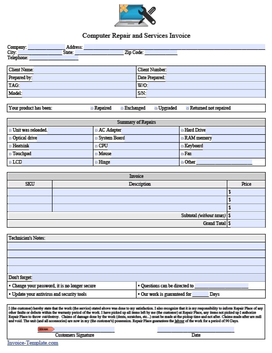 cell phone repair agreement form elegant puter repair invoice template pdf me y134762