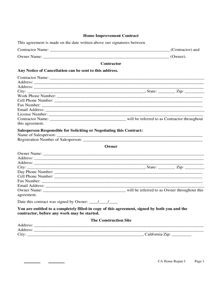 free home improvement contract sample